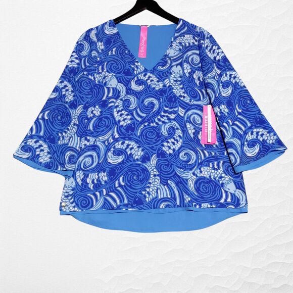 Lilly Pulitzer Florin 3/4 sleeve Womens XS V Neck Blue Grotto Reversible Top NEW - Picture 1 of 16